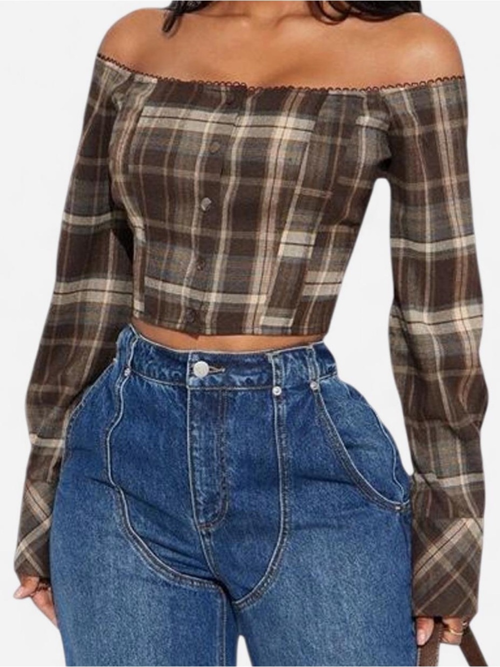 Fashion Nova Brown Plaid Off-Shoulder Crop Top